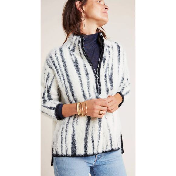 Anthropologie Cindy Eyelash Half Zip Pullover Sweater Womens XS Black Cream - Picture 4 of 13